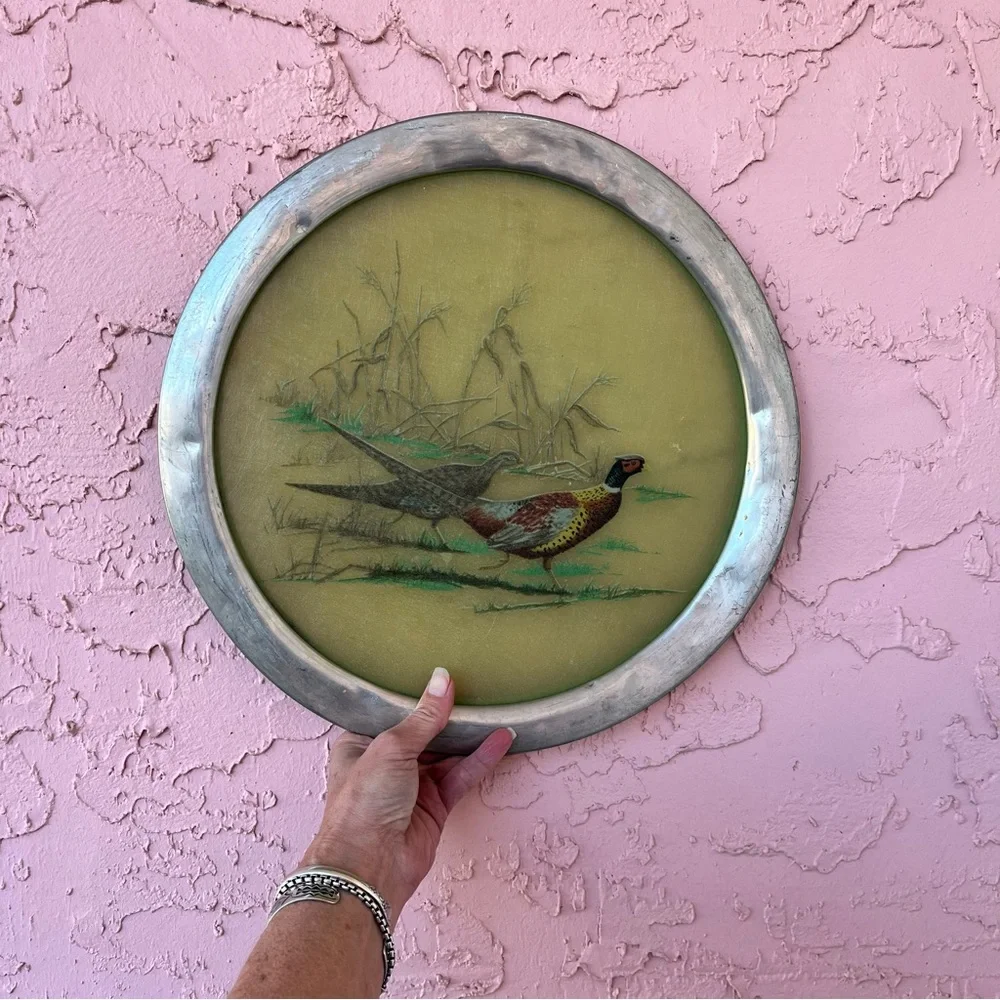 Vintage Stieff Pewter Platter Tray Wildlife Duck Pheasant Hunting P70 Pewter